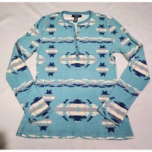 Chaps Henley Thermal Womens Medium Petite Blue Southwestern Waffle‎ Knit Shirt